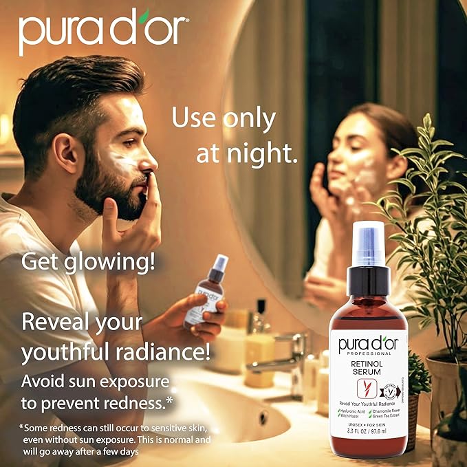 PURA D'OR 3.3 Oz Retinol Serum For Nighttime - Advanced PM Skin Care Formula - Anti-Aging Wrinkle Reducer for Radiant Skin - Natural Vitamin A & Collagen Booster - Fine Lines Treatment - Travel Size-Velvo Beauty