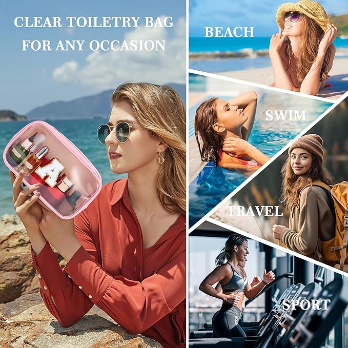 YOOLIFE Initial Travel Makeup Bag Pouch, Clear Toiletry Bag for Women Travel Accessories Cosmetic Bag Skin Care for Teen Make Up Bags Birthday Gifts for Women Unique Teacher Mom Friends Gifts Pink R-Velvo Beauty