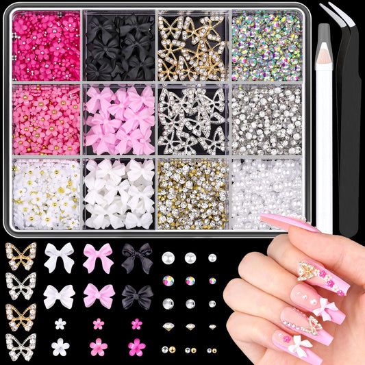 3D Nail Charms and Gems Set 9, 20PCS Chunky Butterfly Charms + 60PCS Coquette Nail Bows in 2 Styles + 3D Flowers for Nails with Rhinestones, Pearls, Diamonds, and Picker Tools for Y2K Nail Decor-Velvo Beauty