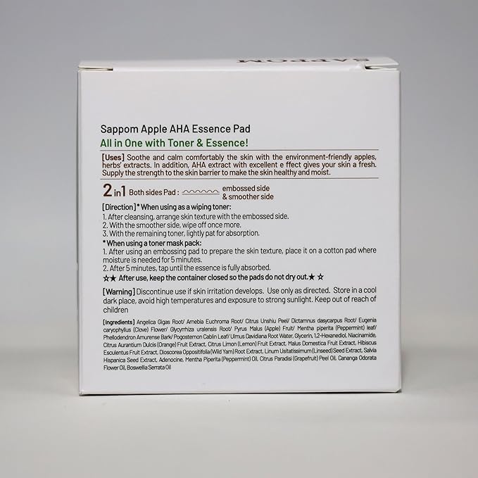 Apple AHA Essence Pad, Green Apple, with AHA, Toner pad, Soothing and Peeling, 60 vegan sheets-for sensitive skin, Hydrating care-Velvo Beauty