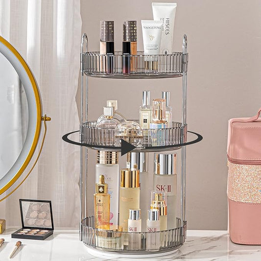 Rotating Makeup Organizer for Vanity, High-Capacity Skincare Clear Make Up Storage Perfume Organizers Cosmetic Dresser Organizer Countertop 360 Spinning (Gray, 3 Tier)-Velvo Beauty