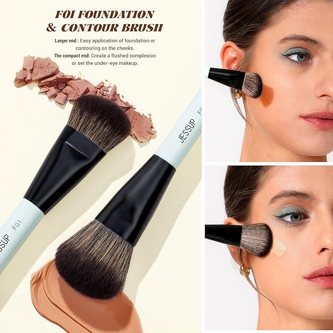 Jessup Face Makeup Brushes with Makeup Sponge, 3pcs Double Ended Makeup Brush for Foundation Contour Blush Highlight and Concealer Brush, Premium Synthetic Brush Set with Gift Box, T510-Velvo Beauty