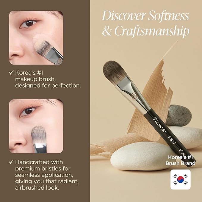 Piccasso FB17 Foundation Brush – Soft Makeup Brush for Liquid & Cream Foundation, Curved Bristles for Smooth and Flawless Face Makeup, Professional Tool for Base Layering, Korean Beauty Essential-Velvo Beauty