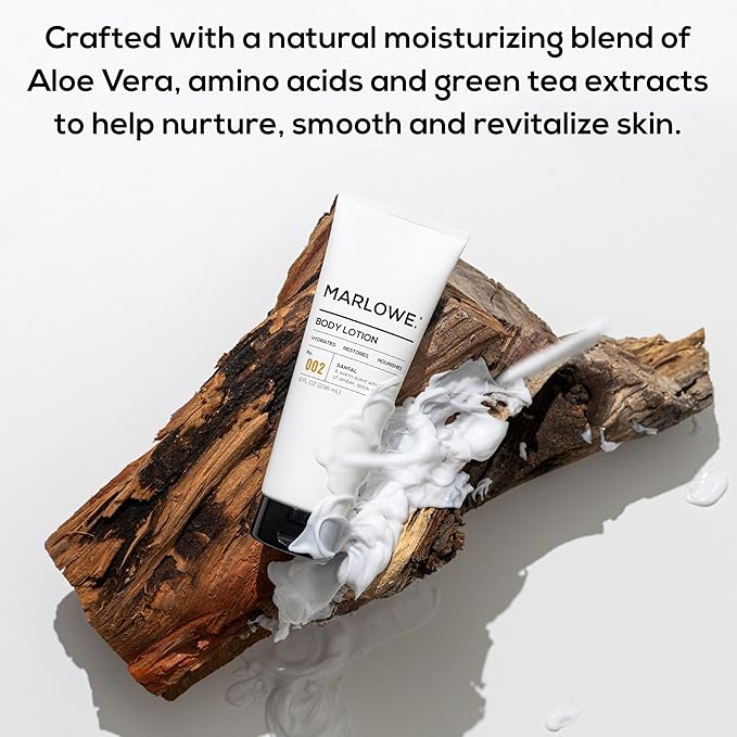 MARLOWE. No. 002 Santal Body Lotion 8 Oz, Moisturizing & Nourishing Daily Dry Skin Lotion for Men, Made with Hydrating Natural Aloe Vera, Non-Oily, Warm Amber, Sandalwood & Citron Scent, Vegan-Velvo Beauty