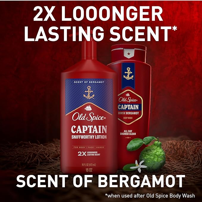 Old Spice Hand, Face & Body Lotion for Men, 24/7 Lightweight Moisturization with Amazing Scent, Instant Absorption, For All Skin Types, Captain with Bergamot Scent, 16 oz-Velvo Beauty