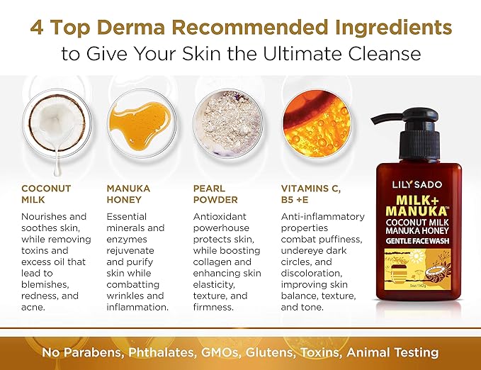 LILY SADO MILK+MANUKA™ Coconut Milk & Manuka Honey Gentle Gel Face Cleanser - Natural Cruelty-Free Facial Wash Cleanses, Balances, Soothes & Hydrates - Reduces Pores & Blackheads - 5oz-Velvo Beauty