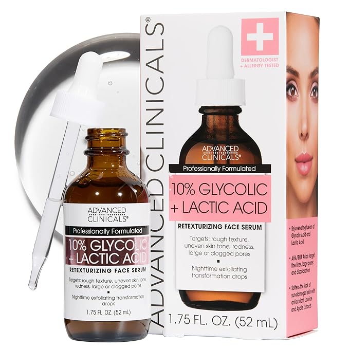 Advanced Clinicals Exfoliating 10% Glycolic Acid Serum For Face + Lactic Acid | Facial Exfoliant AHA + Salicylic Acid Serum To Improve Look Of Large Pores, Uneven Skin Tone, & Dark Spots, 1.75 FL Oz-Velvo Beauty
