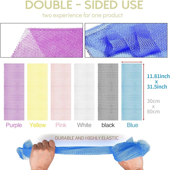 UJFQBH 6 Pieces African Bath Sponge African Net Long Net Bath Sponge Exfoliating Shower Body Scrubber Back Scrubber Skin Smoother,Great for Daily Use (Pink, Yellow, Purple, Blue, Black, Off-White)-Velvo Beauty