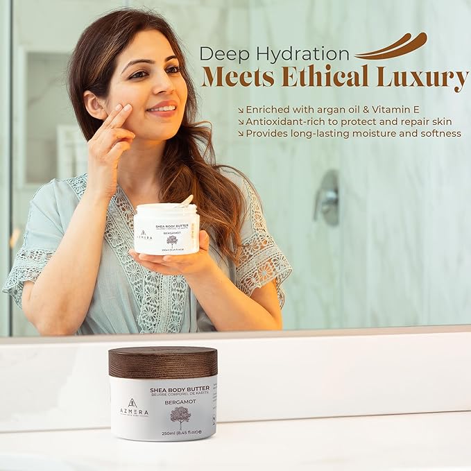 AZMERA Handcrafted Whipped Shea Body Butter – Luxurious Moisturizer for Dry, Sensitive Skin with Bergamot, Argan Oil & Vitamin E – Vegan, Non-Greasy Skincare – 8.82 oz-Velvo Beauty