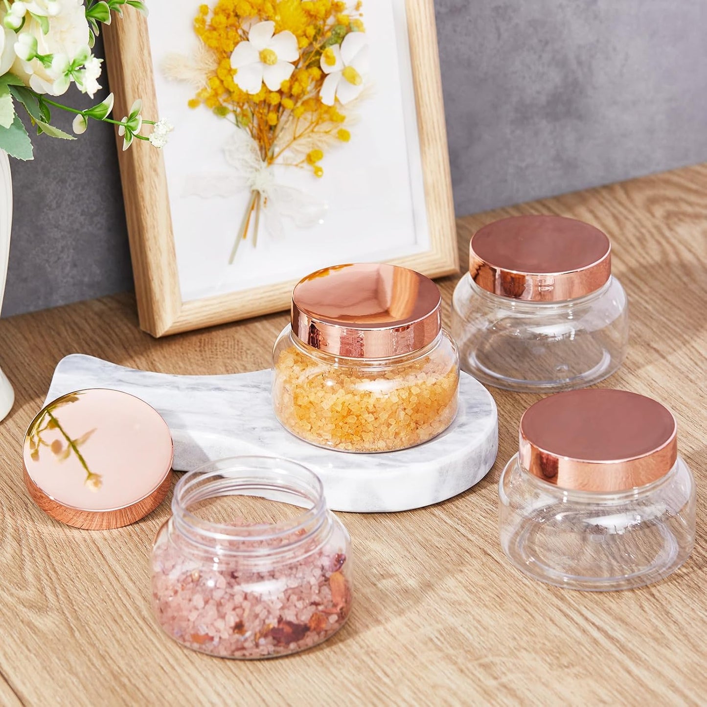 Tessco 24 Pack Plastic Jars with Lids Labels Empty Clear Plastic Jars Round Refillable Cosmetic Containers Body Butter Containers Bulk Sugar Scrub Bottle for Make Up(8 oz,Rose Gold)-Velvo Beauty
