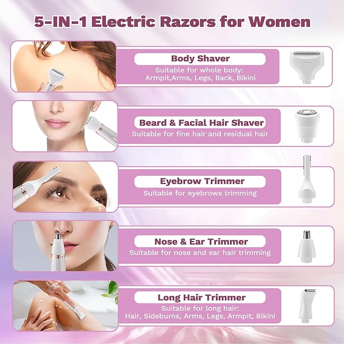 Electric Razors Shaver for Women, 5 in 1 Bikini Trimmer for Women, Wet/Dry Womens Electric Razor Shavers, Face Razor for Face Nose Eyebrow Arms Armpit Legs Pubic Area, Facial Hair Removal-Velvo Beauty