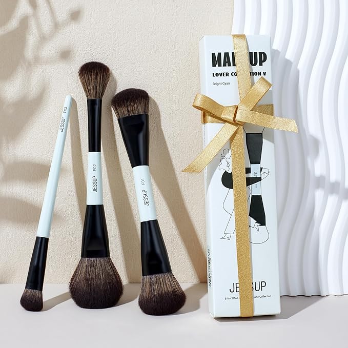 Jessup Face Makeup Brushes Blue 3pcs Double Ended Makeup Brush for Foundation Contour Blush Highlight and Concealer Brush, Premium Synthetic Brush Set T503-Velvo Beauty