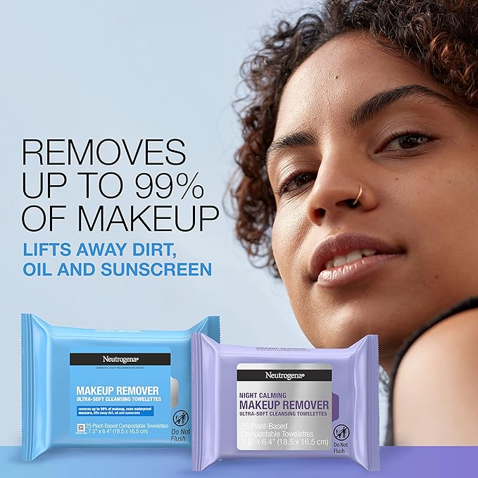 Neutrogena Day & Night Wipes, Makeup Remover Face Cleansing Towelettes & Night Calming Facial Cloths, 100% Plant Based Fibers Wipe Away Dirt, Alcohol-Free, 3 Packs of 25 ct, 75 ct-Velvo Beauty