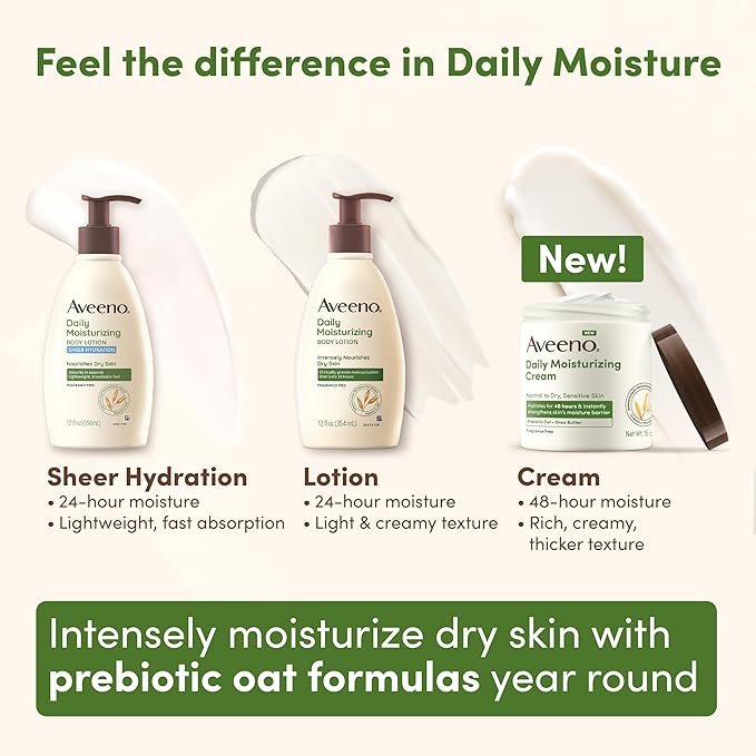 Aveeno Daily Moisturizing Cream with Prebiotic Oat & Shea Butter for Body, Face & Hands Moisturizer Cream, Hydrates Normal to Dry, Sensitive Skin, Fragrance Free, Non-Comedogenic, 20 oz-Velvo Beauty