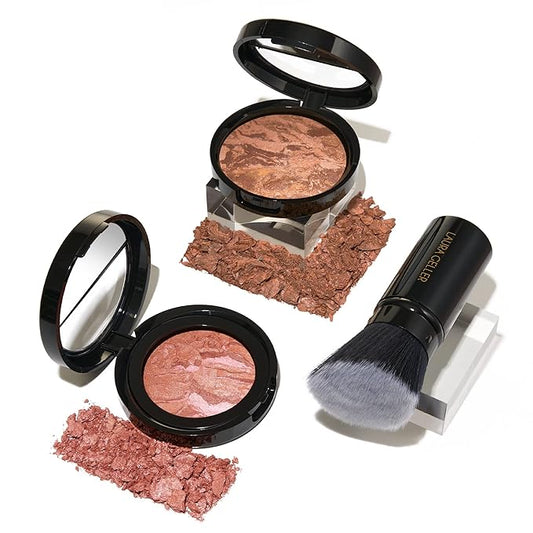 LAURA GELLER NEW YORK Blush-n-Glow Kit (3 PC): Baked Balance-N-Glow Illuminating Powder Foundation, Tan + Retractable Kabuki Brush + Baked Blush-N-Brighten, Pink Grapefruit-Velvo Beauty