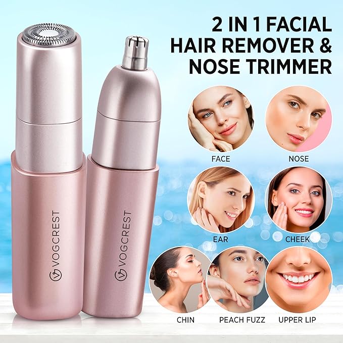 Facial - Nose Hair Remover Women: 2 in 1 Painless Electric Face Shaver and Nose Trimmer - Rechargeable Hair Removal Tool for Face Nose Ear Peach Fuzz Lips Chin-Velvo Beauty
