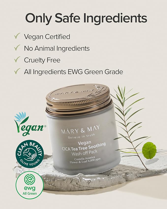 Mary&May Vegan Cica Tea Tree Soothing Wash Off Pack - Natural Centella Clay Mask for Sensitive Skin, Relieves Irritation, Cleanses Pores, and Hydrates, 4.23oz.-Velvo Beauty