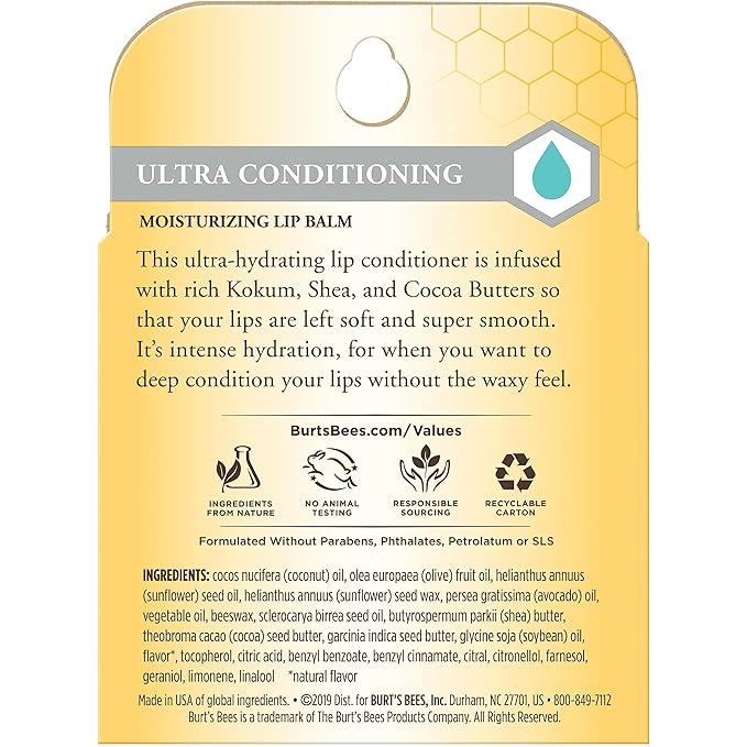 Burt's Bees Ultra Conditioning Moisturizing Lip Balm, Lip Moisturizer Rich in Oils and Butters, Natural Origin Lip Care, 4 Tubes, 0.15 oz.-Velvo Beauty