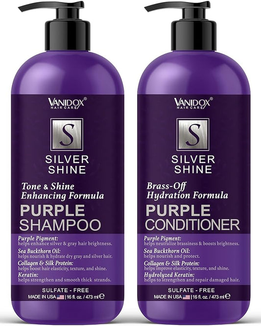 Sulfate Free Brass Toning Purple Shampoo and Conditioner Set for Grey and Silver Hair, Moisturizing & Color-Safe, Enhances Shine & Brightness, Made in USA (16 fl oz each)-Velvo Beauty