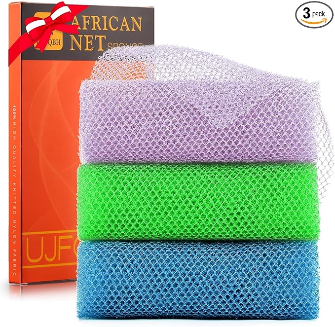 UJFQBH 3 Pieces African exfoliating net African Net Long Net Bath Sponge Exfoliating Shower Body Scrubber Back Scrubber Skin Smoother,Great for Daily Use (Purple, Blue, Green)-Velvo Beauty