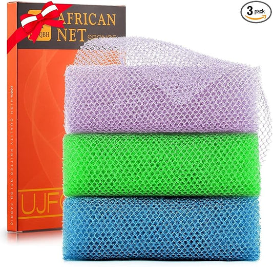 UJFQBH 3 Pieces African exfoliating net African Net Long Net Bath Sponge Exfoliating Shower Body Scrubber Back Scrubber Skin Smoother,Great for Daily Use (Purple, Blue, Green)-Velvo Beauty