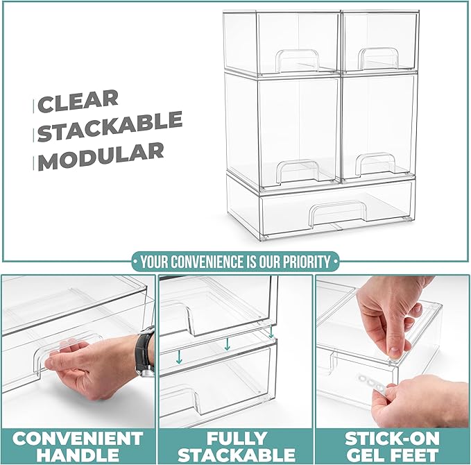Sorbus Acrylic Storage Containers - 5 Pack, Stackable Storage Bins Set for Bathroom Organization - Clear Acrylic Drawer Organizers - Makeup Case Pull-Out Drawers (7.6’’ and 4.4’’ Tall and 12.1’’ Wide)-Velvo Beauty