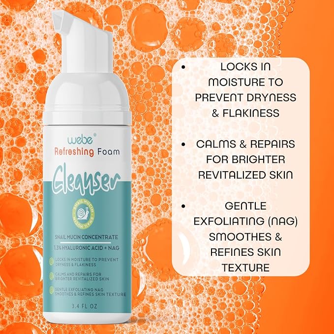WEBE Refreshing Gentle Foam Cleanser | Snail Mucin, Hyaluronic Acid, N-Acetyl Glucosamine | Hydrating & Soothing Formula for Radiant, Moisturized Skin | Natural Skincare for all Skin Types-Velvo Beauty