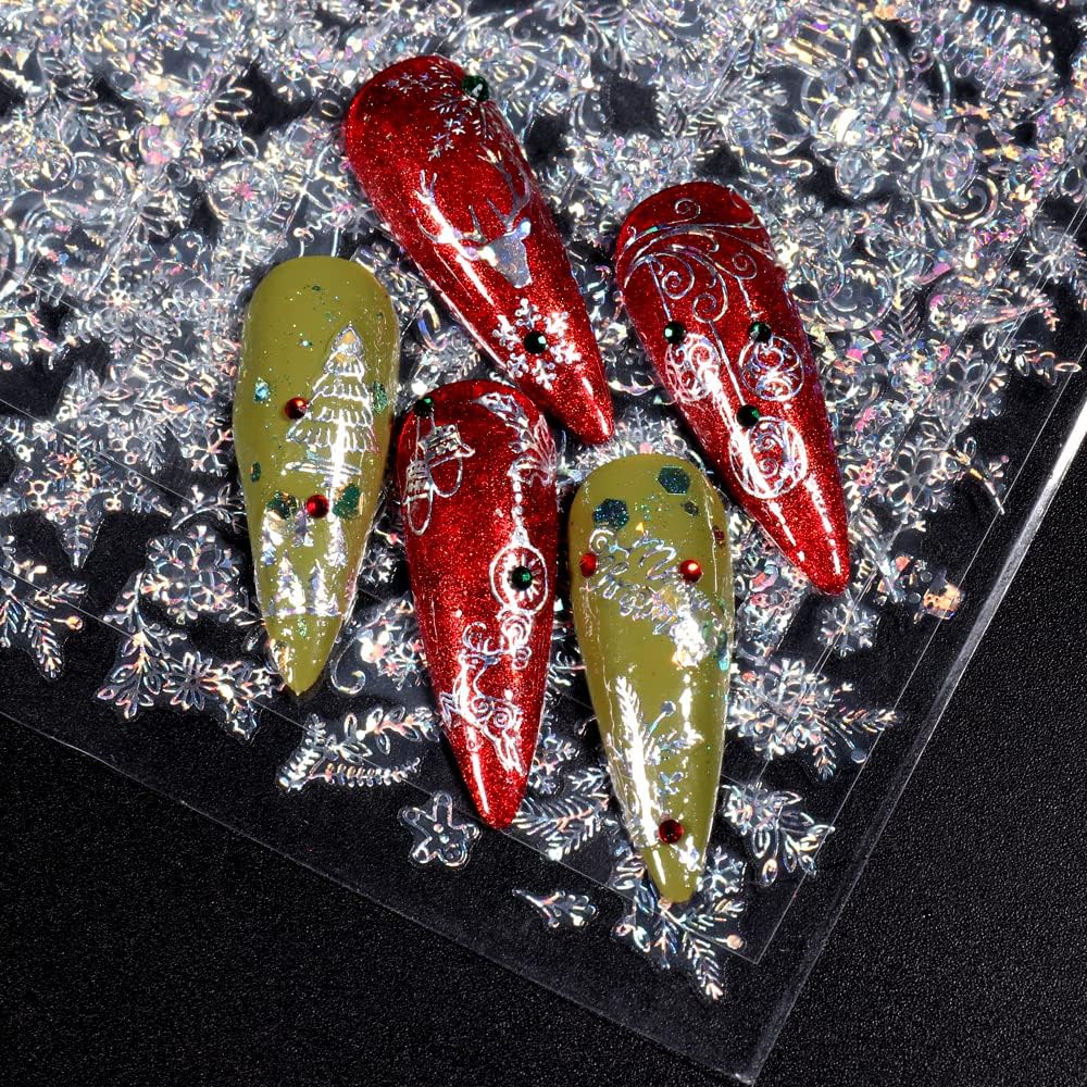 9 Sheets Merry Christmas Nail Art Stickers Decals Self-Adhesive Holiday Snowflakes Laser Silver Snowman Bell Nail Supplies Nail Art Design Decoration Accessories-Velvo Beauty