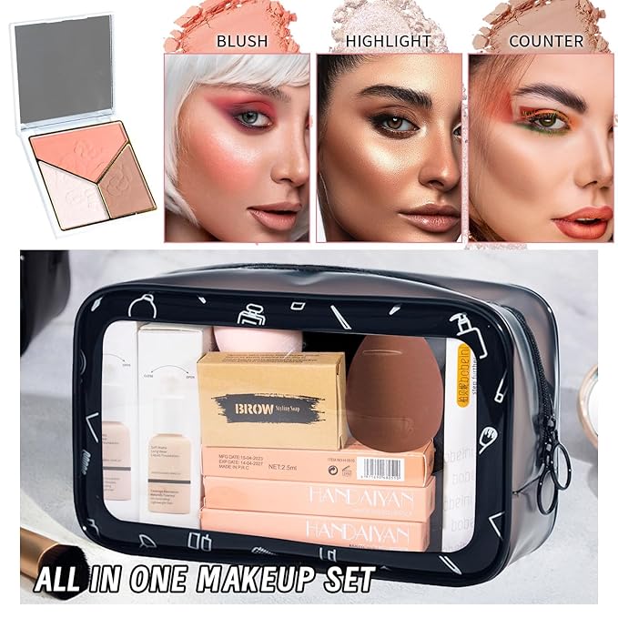 Makeup Set Kit for Women Full Kit, Makeup Gift for Makeup Beginner, Eyeshadow Foundation Face Primer Brush 3 in 1 Palette Lip Gloss, Eyebrow Soap Mascara Eyeliner cosmetic bag-Velvo Beauty