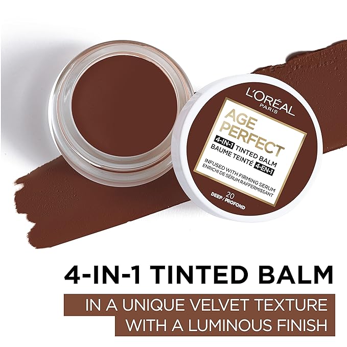 L'Oreal Paris Age Perfect 4-in-1 Tinted Face Balm Foundation with Firming Serum, Deep 20, 0.61 Ounce-Velvo Beauty