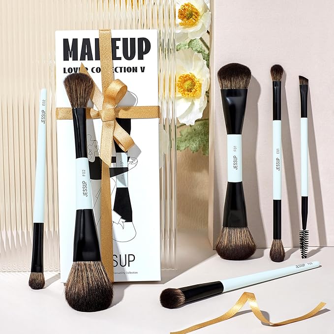 Jessup Makeup Brush Set 6pcs Double Sided Makeup Brushes Foundation Contour Blush Highlight Blending Eyebrow Brush Eyeshadow Brush, Vegan Fiber Make up Brush Bright Cyan T501-Velvo Beauty