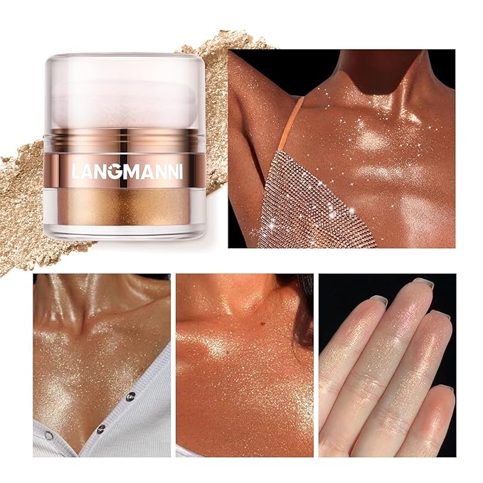 Glitter Body Highlighter Powder Body Shimmer Sparkle Face Brightening Highlighter Powder for Face Eyes Body Glow Makeup With sponge head(Purple)-Velvo Beauty