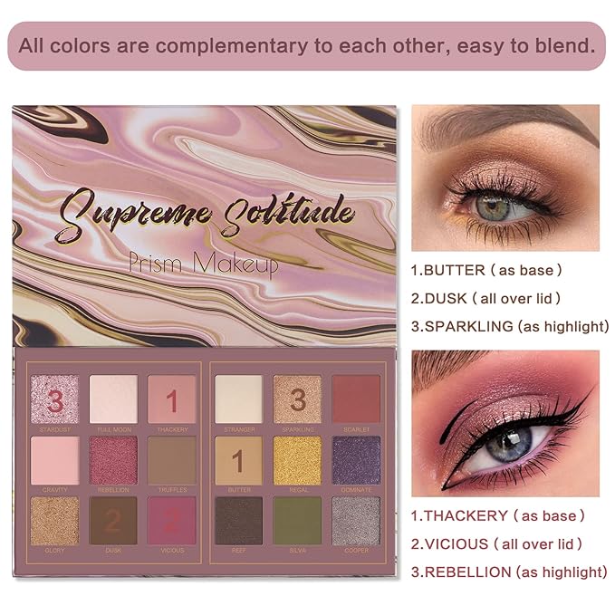 Prism Makeup Matte Eyeshadow Palette Pro 18 Colors Pigmented Shimmer Glitter Eye Shadow Palette, Blendable Long Lasting Waterproof Makeup Cosmetics Halloween Makeup Kit (02# Solitude)-Velvo Beauty