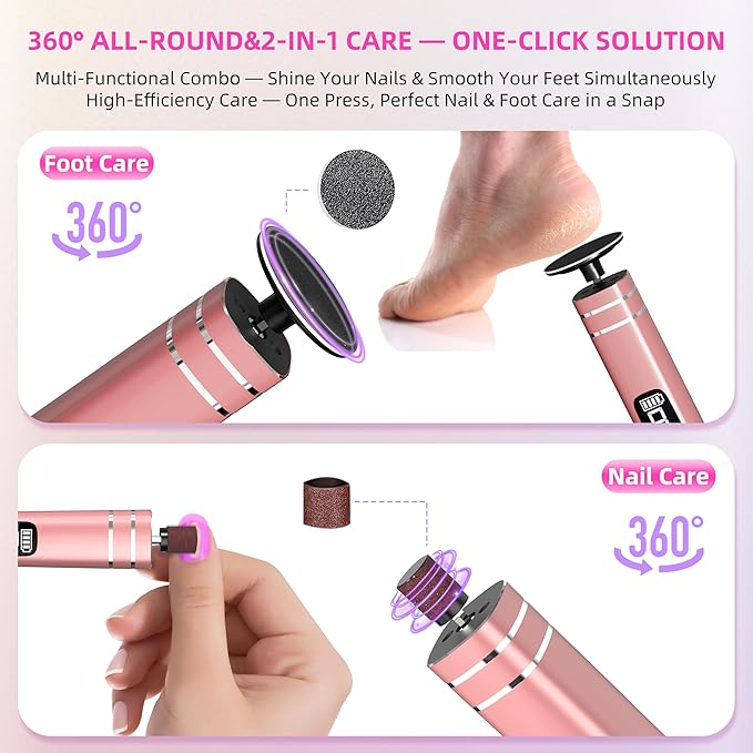 2 in 1 Electric Foot Callus Remover,9 Adjustable Speeds Rechargeable Electric Dead Skin Sander Pedicure Tools with Sandpaper Disk and Nail Drill Bits,Grinding Heads for Women&Men-Velvo Beauty
