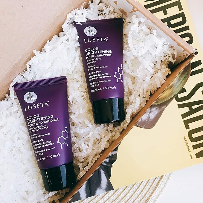 Luseta Color Brightening Purple Shampoo and Conditioner Travel Kit for Blonde and Gray Hair -Infused with Cocos Nucifera Oil to Help Nourish, Moisturize and Condition Hair, 2x1.01oz-Velvo Beauty