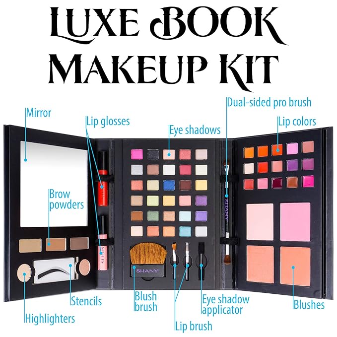 SHANY Luxe Book Makeup Set - All In One Travel Cosmetics Kit with 30 Eyeshadows, 15 Lip Colors, 5 Brushes, 4 Pressed Blushes, 3 Brow Colors, and Mirror-Velvo Beauty
