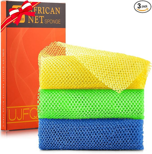 UJFQBH 3 Pieces African exfoliating net African Net Long Net Bath Sponge Exfoliating Shower Body Scrubber Back Scrubber Skin Smoother,Great for Daily Use (Yellow, Green, Blue)-Velvo Beauty
