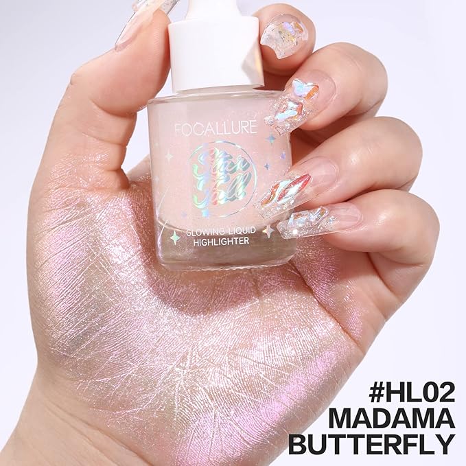 FOCALLURE Starfall Glowing Liquid Highlighter, Shimmering Body Oil, Non-Sticky Shimmer Liquid Luminizer, Non-Greasy, Face & Body Glitter Makeup for Costumes, Cosplay, Rave Festival, MADAMA BUTTERFLY-Velvo Beauty