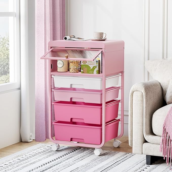 Utility-Rolling-Storage-Drawer-Craft-Cart-Organizers with 4 Drawers & Dust-Proof Door for Kid Craft Art Room,Bedroom,Home Office, Classroom, Rose Pink-Velvo Beauty