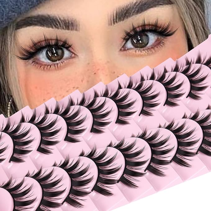 False Eyelashes 10 Pairs Manga Lashes Japanese Style Anime Thick Cosplay Lashes Natural Look 16MM Spiky 8D Wispy Faux Mink Lashes Full Strip Doll Lashes by FANXITON-Velvo Beauty