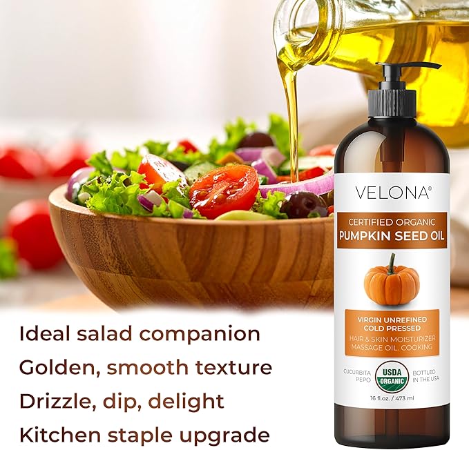 velona Pumpkin Seed Oil USDA Certified Organic - 16 Fl Oz | 100% Pure and Natural Carrier Oil | Unrefined, Cold Pressed | Cooking, Face, Hair, Body & Skin Care | Use Today - Enjoy Result-Velvo Beauty