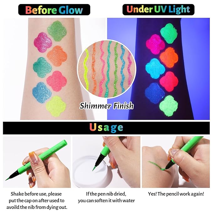 BOBISUKA UV Shimmer Glow Liquid Eyeliner Set, 7 Colors Glitter Neon Colored Eyeliners Pen, Colorful Waterproof Pigmented Graphic Liners, Metallic Eye Makeup Kit for Rave Accessories Party-Velvo Beauty