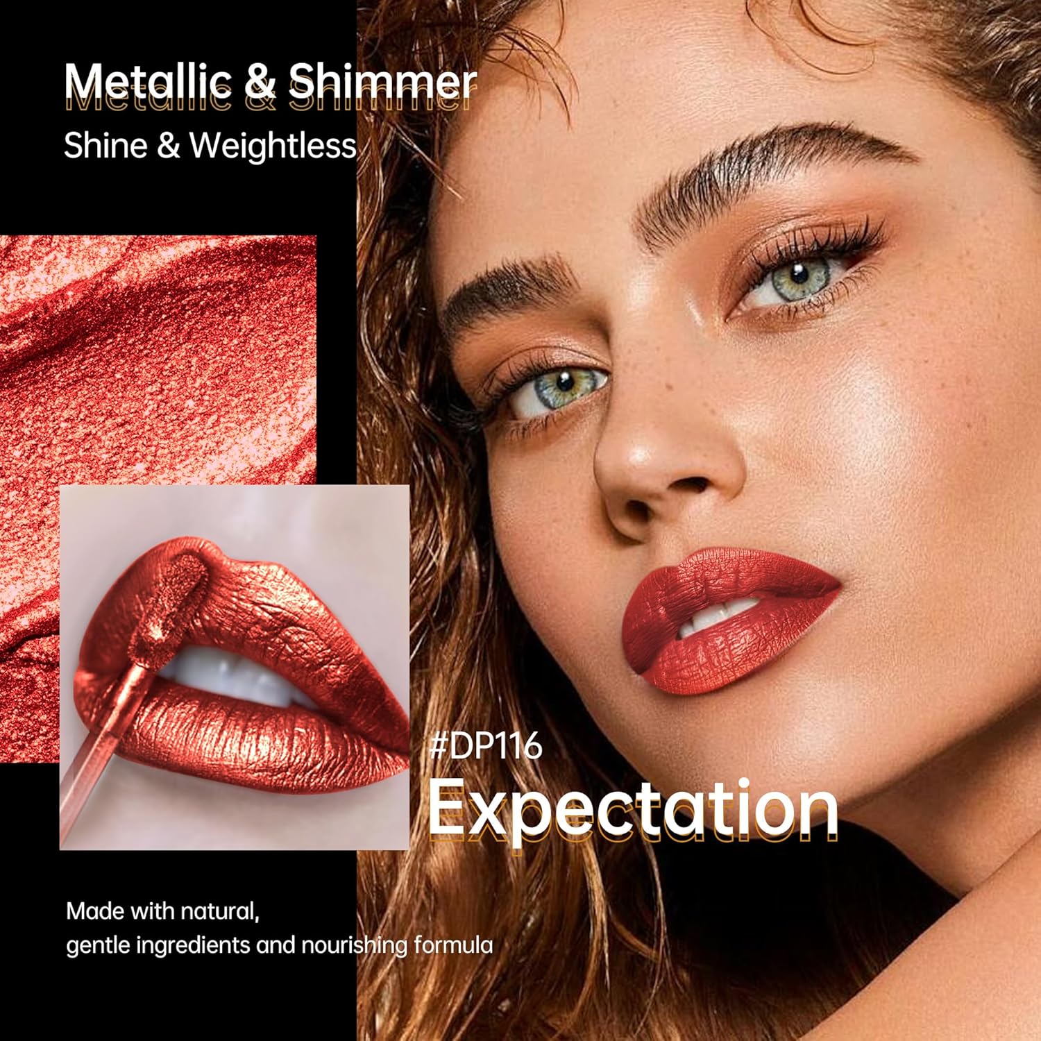 Red Lipsticks for Women Metallic Lipstick Long Lasting Non Stick Cup Lip Gloss, Shimmer Lightweight Hydrating Full Coverage Lip Color, DP116 Expectation-Velvo Beauty