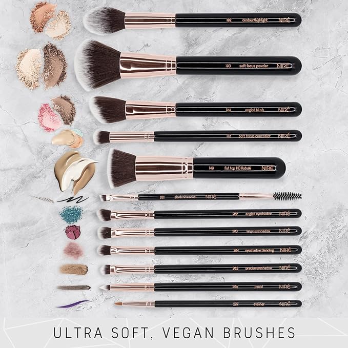 Niré Beauty 15piece Award Winning Professional Makeup Brush Set: Vegan Makeup Brushes with Case, Makeup Sponge, Brush Cleaner, Guide, Gift Box-Velvo Beauty
