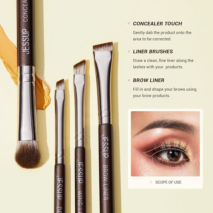 Jessup Eye Makeup Brushes Set Professional 15pcs Brown Eyeshadow Brush Eyebrow Concealer Eyeliner Blending Brush for Makeup Premium Synthetic Eye Brush Set, T499-Velvo Beauty