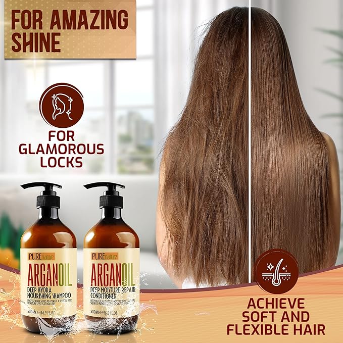 Argan Oil Shampoo and Conditioner Set - Sulfate Free Moroccan Care with Keratin - For Curly, Straight, Dry and Damaged Hair - Moisturizing, Hydrating, Anti Frizz Salon Technology-Velvo Beauty