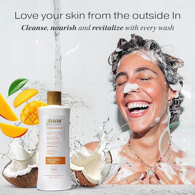 RAW SUGAR Simply Body Wash - Raw Coconut + Mango, Moisturizing & Soothing Bath & Shower Gel, Sulfate-Free, Paraben-Free & Vegan (Pack of 3)-Velvo Beauty