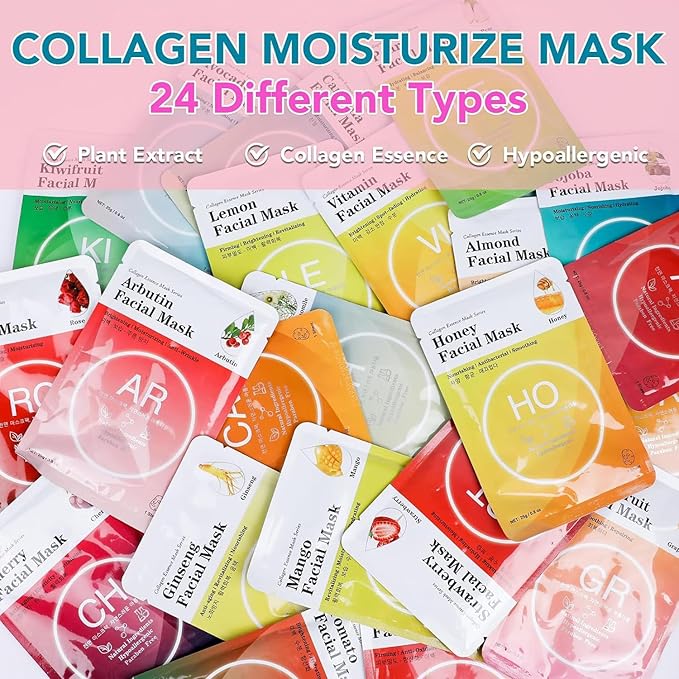 VESPRO 24 Pack Face Masks Skincare for Women, Moisturizing Face Mask Skin Care Suitable for All Skin Types, Bulk Sheet Facial Mask Gifts Set for Spa Party, Facial Masks for Women Skin Care-Velvo Beauty