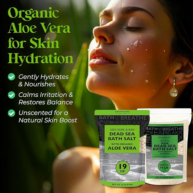 Aromasong 19 lbs RAW Dead Sea Salt with Organic Aloe Vera, not Cleaned, Still Contains All Dead sea Minerals Including Dead sea Mud, Fine Medium Grain Large resealable Bulk Pack - Packaging May Vary-Velvo Beauty