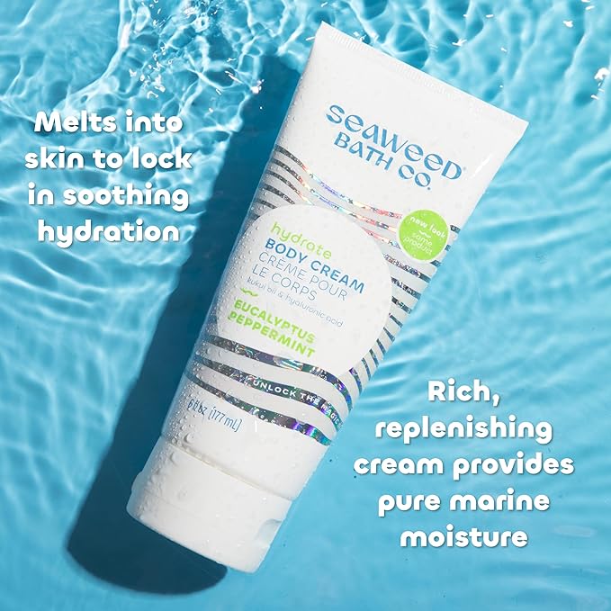 Seaweed Bath Co. Hydrate Body Cream, Eucalyptus Peppermint Scent, 6 Ounce, Nourishing Hand & Body Lotion Moisturizer for Dry Skin, with Sustainably Harvested Seaweed, Kukui Oil, Hyaluronic Acid-Velvo Beauty